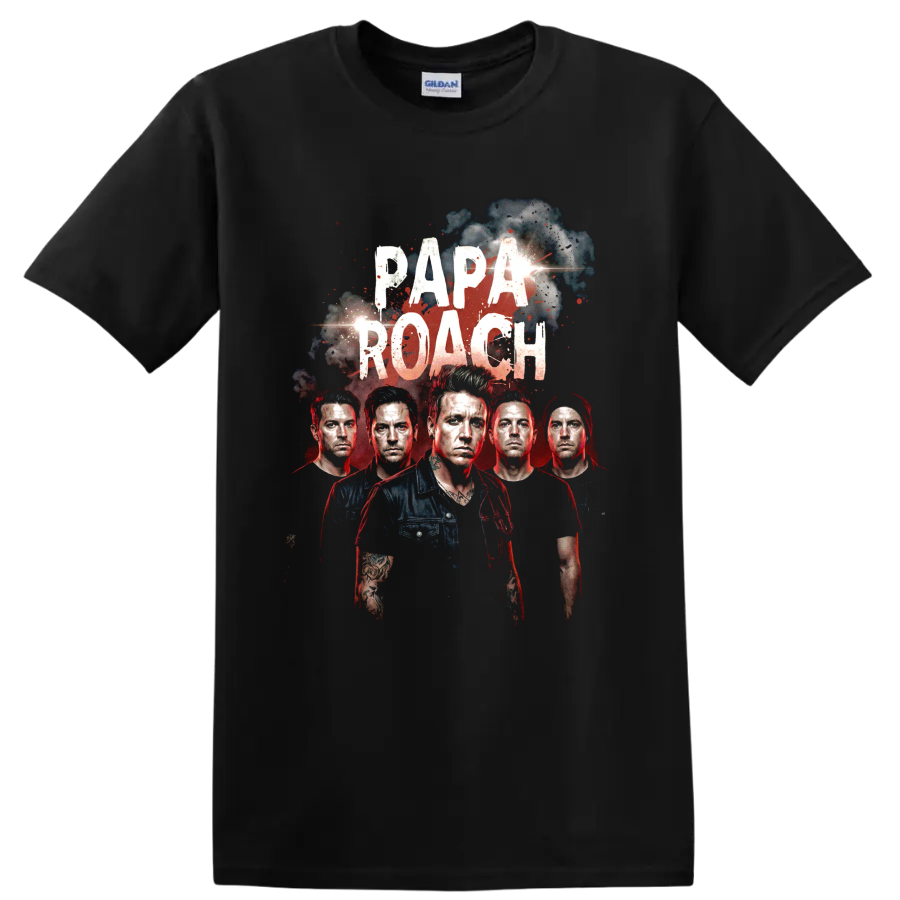 Papa Roach distressed rock band portrait graphic with bold lettering on a Black T Shirt