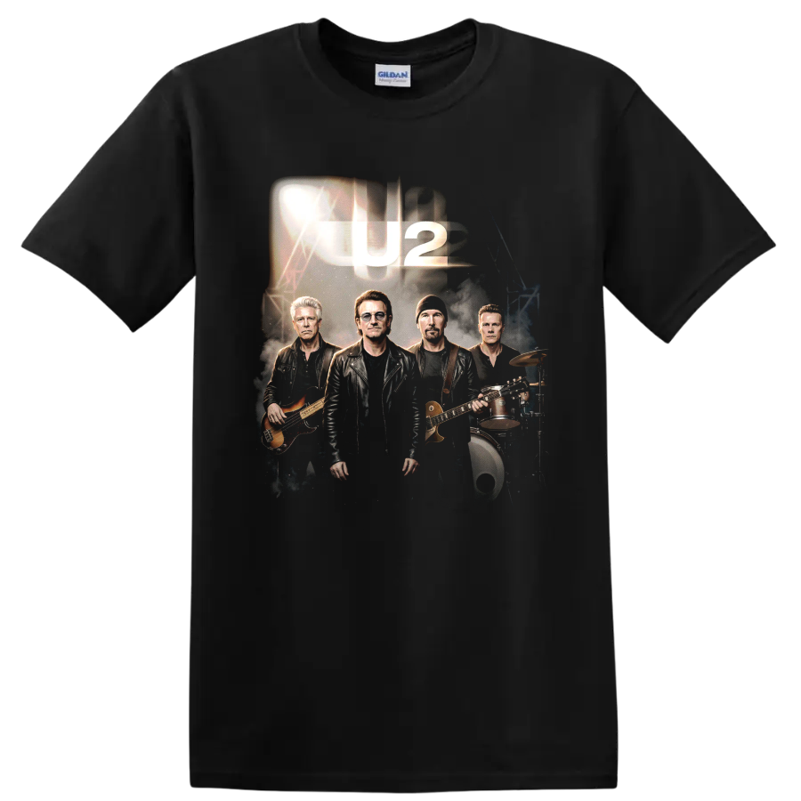 U2 Bono band portrait graphic with guitar, bass, drums, and U2 lettering on a Black T Shirt