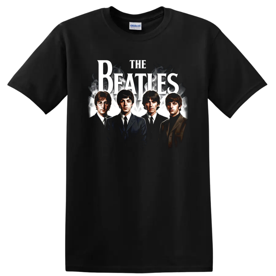The Beatles classic rock portrait graphic with bold distressed lettering on a Black T Shirt