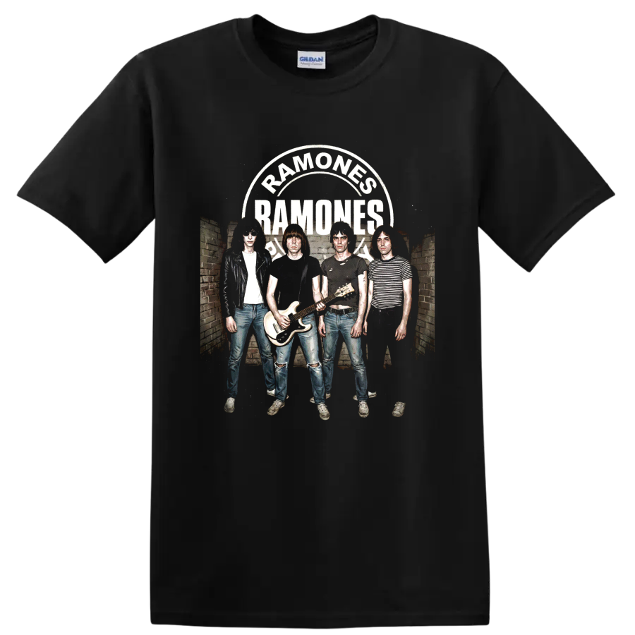 Ramones Road to Ruin distressed punk rock band graphic with arched lettering on a Black T Shirt