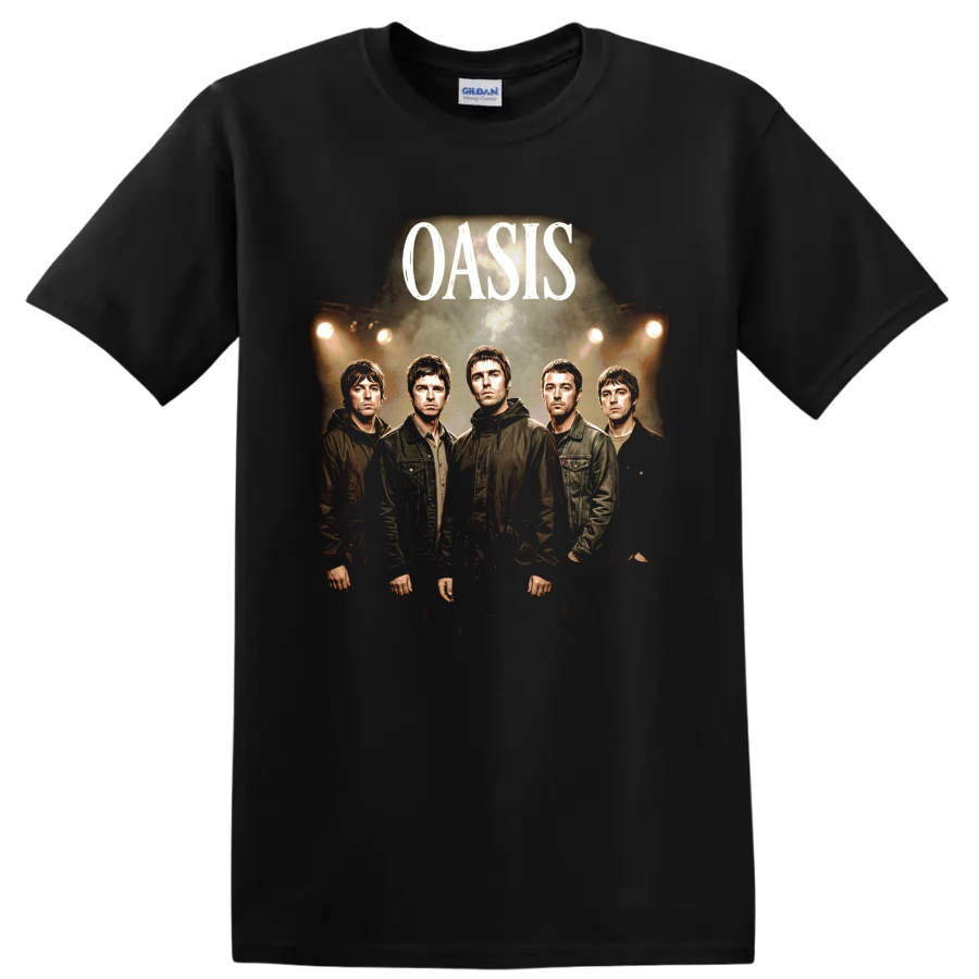 Oasis band portrait graphic with bold Oasis text and concert lighting on a Black T Shirt