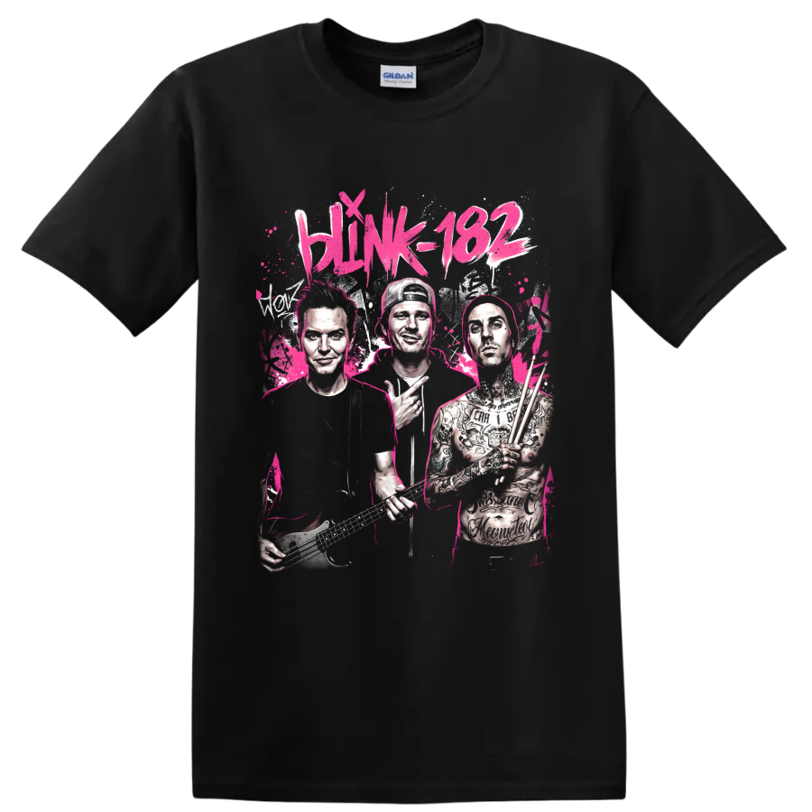 Blink-182 Mark Hoppus, Tom DeLonge and Travis Barker pop art graphic print on a Black T Shirt