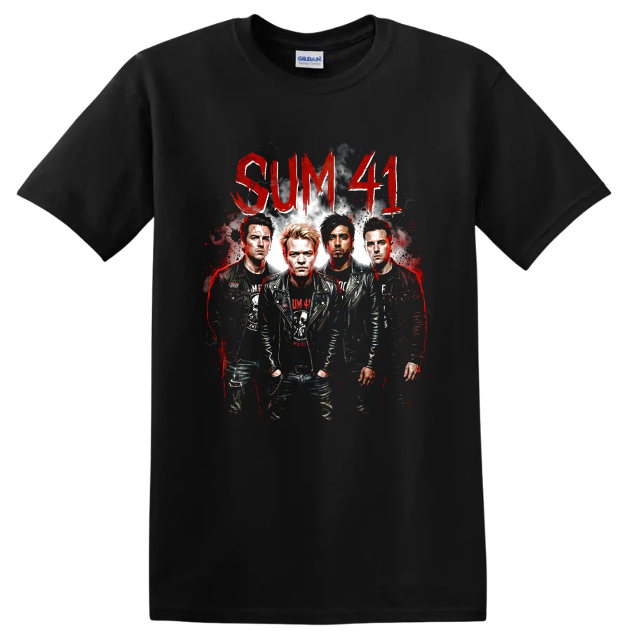 Sum 41 distressed punk rock band portrait with red lettering on a Black T Shirt