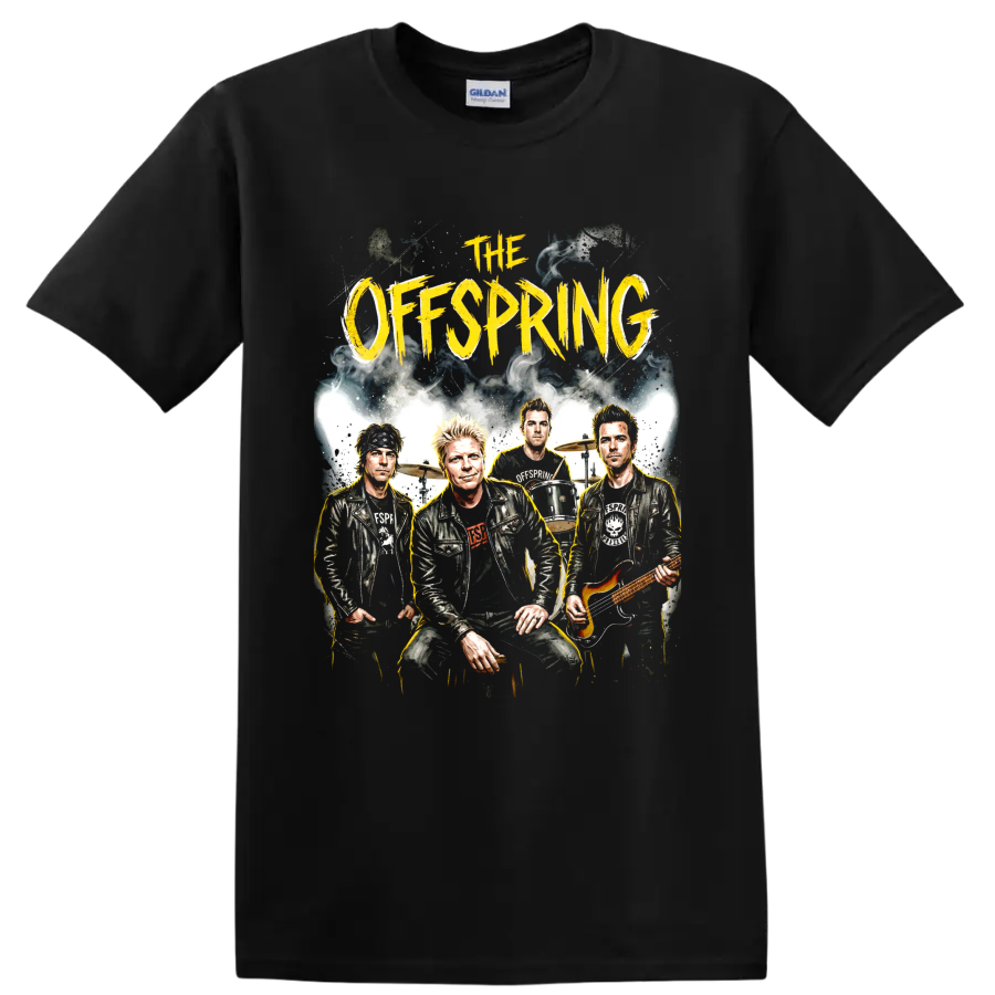 The Offspring punk rock band portrait graphic with yellow lettering on a Black T Shirt