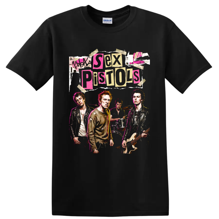 Sex Pistols distressed punk band collage graphic with torn-paper lettering on a Black T Shirt