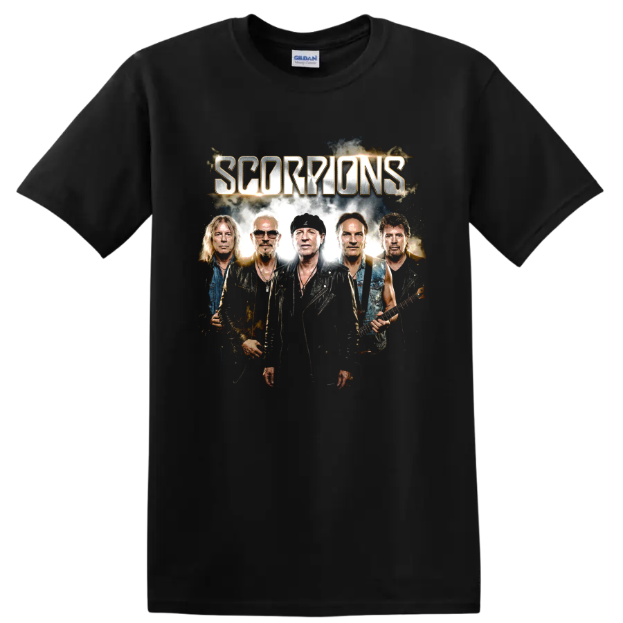 Scorpions band portrait with metallic lettering and electric guitars on a Black T Shirt