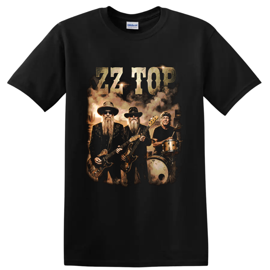 ZZ Top classic lineup vintage rock band graphic with guitars and drums on a Black T Shirt