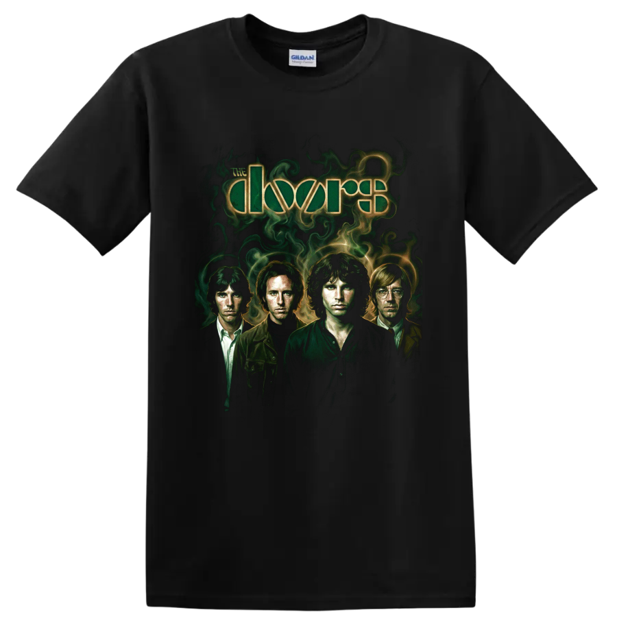 The Doors band portrait with psychedelic green smoke and logo lettering on a Black T Shirt