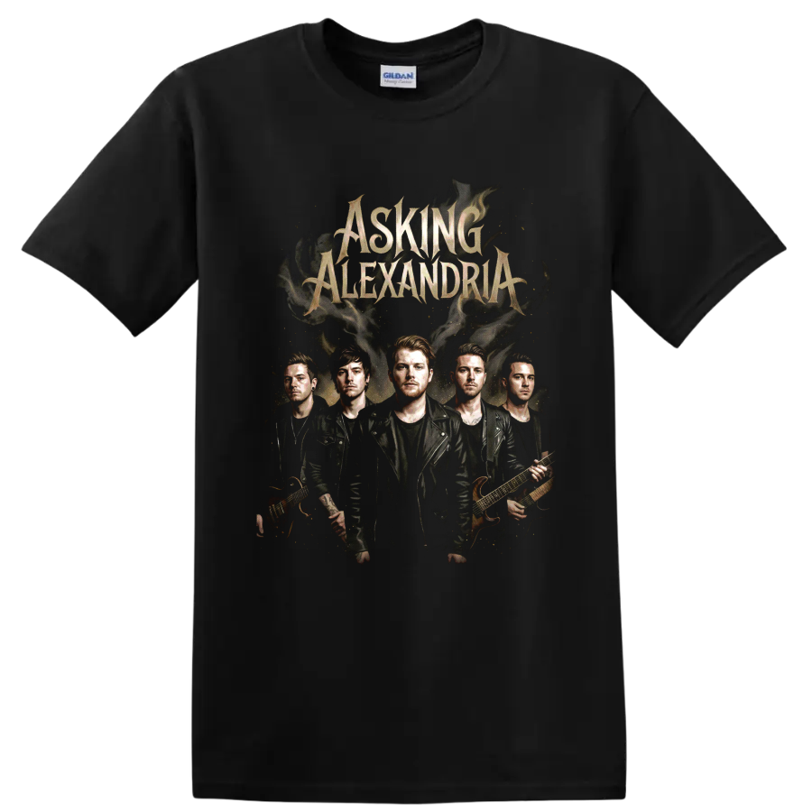 Asking Alexandria band portrait with gothic lettering and smoky rock artwork on a Black T Shirt