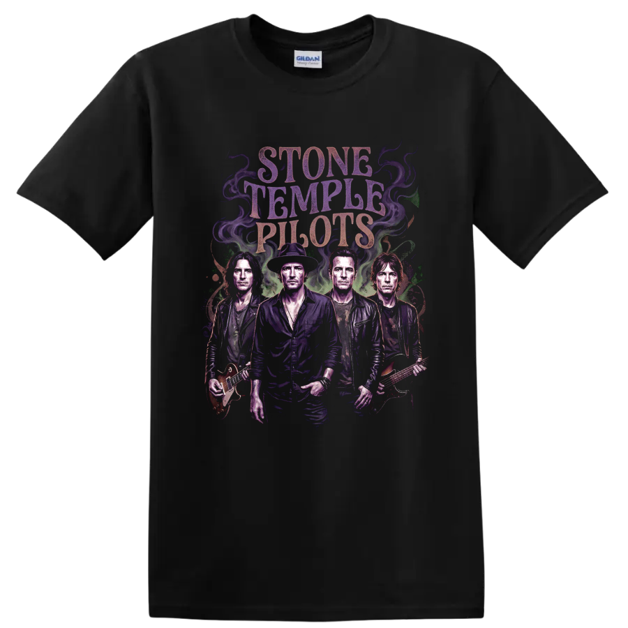 Stone Temple Pilots alternative rock band portrait graphic with guitars on a Black T Shirt