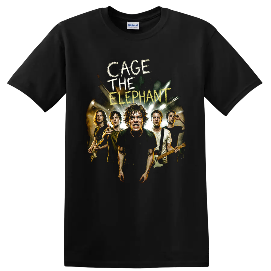 Cage the Elephant band poster with musicians, guitars, and stage lights on a Black T Shirt