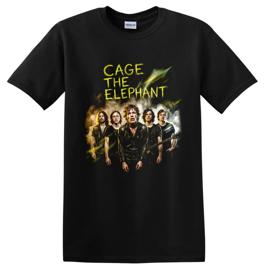 Cage the Elephant indie rock band portrait with distressed yellow lettering on a Black T Shirt