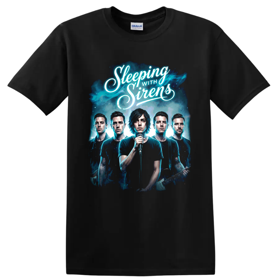 Sleeping With Sirens post-hardcore band portrait graphic with script lettering on a Black T Shirt