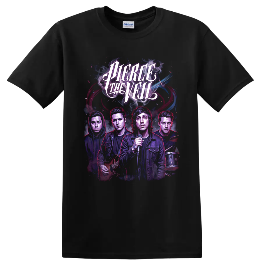 Pierce the Veil post-hardcore band concert poster graphic with vocalist on a Black T Shirt
