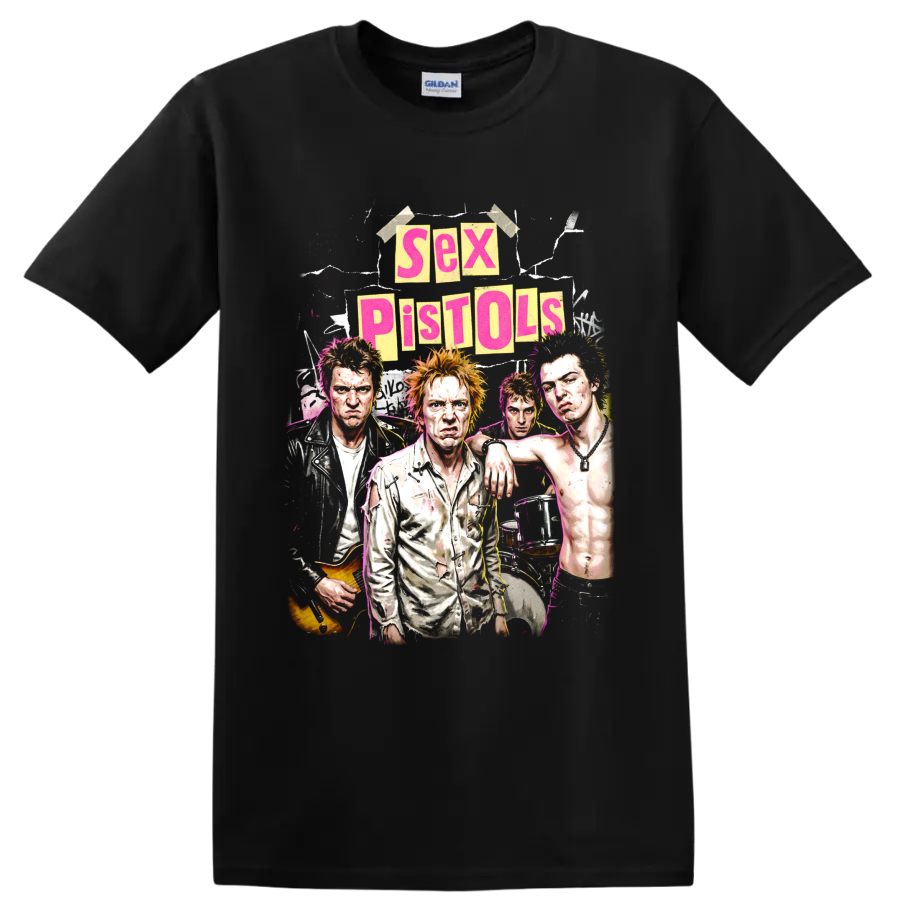 Sex Pistols punk rock collage graphic with band portraits and poster lettering on a Black T Shirt