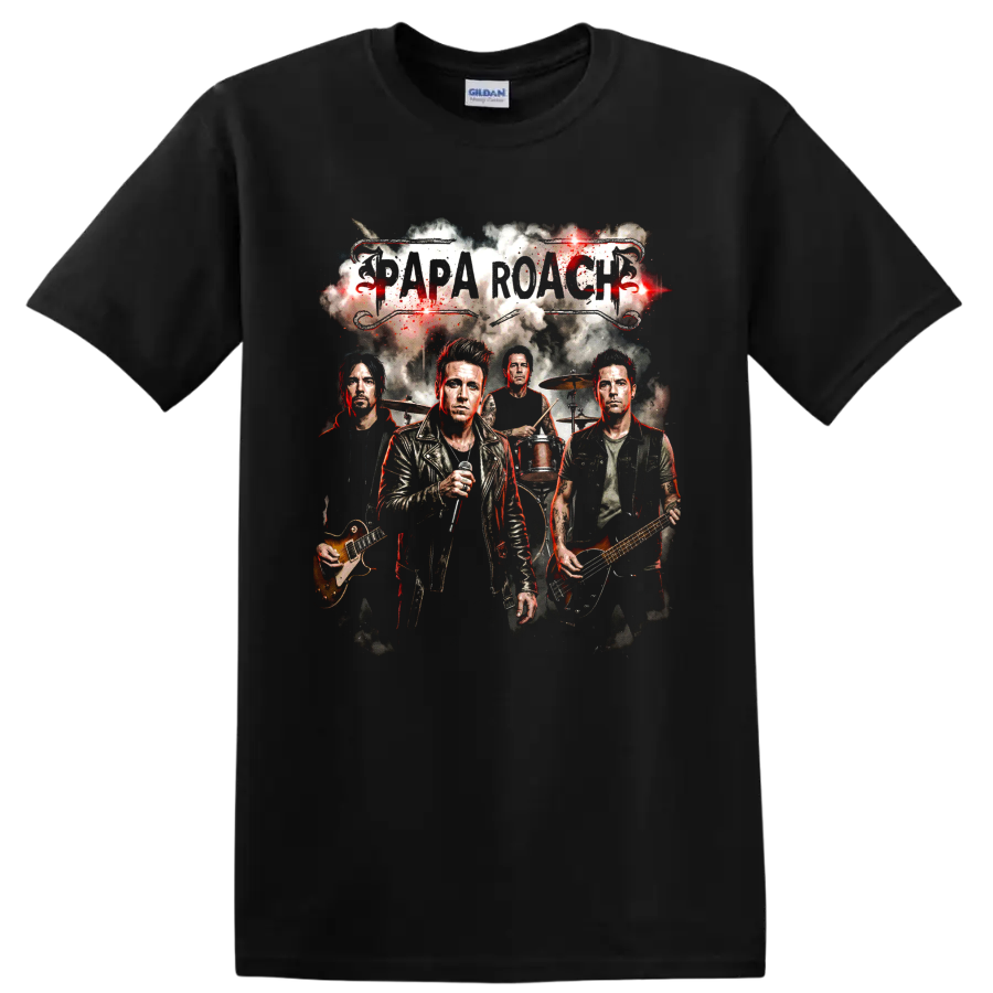 Papa Roach rock band poster with vocalist, guitars, drums, and grunge lettering on a Black T Shirt