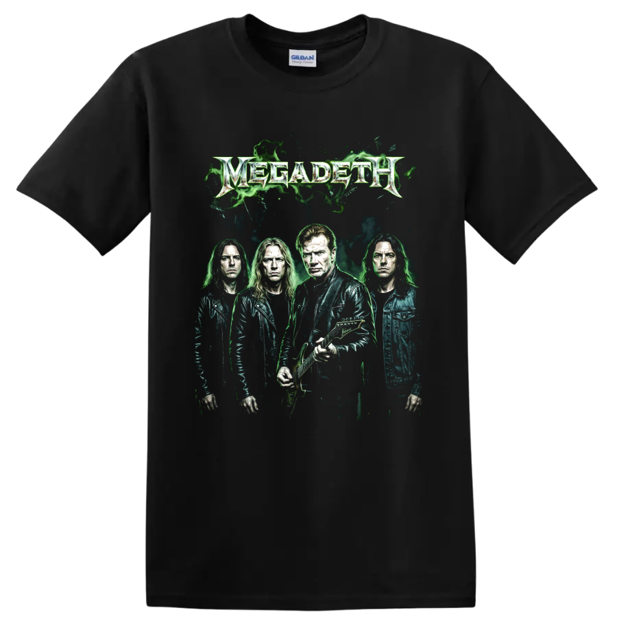 Megadeth Dave Mustaine band portrait with guitar and green smoke graphic on a Black T Shirt