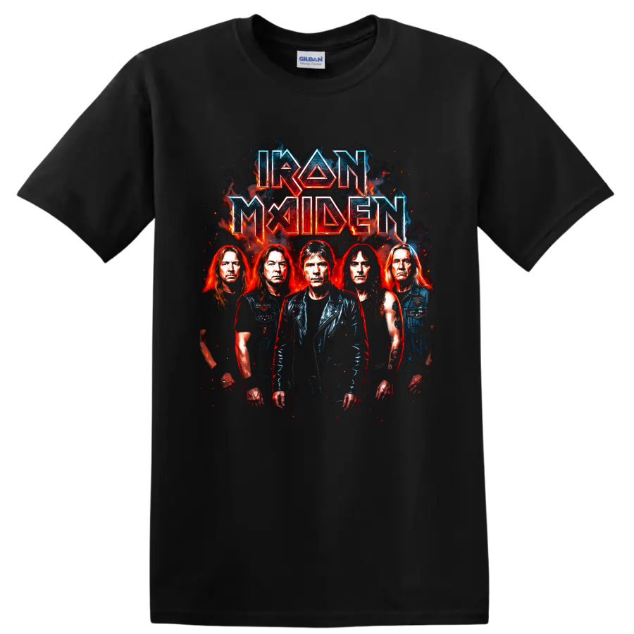 Iron Maiden heavy metal band portrait artwork with fiery angular lettering on a Black T Shirt