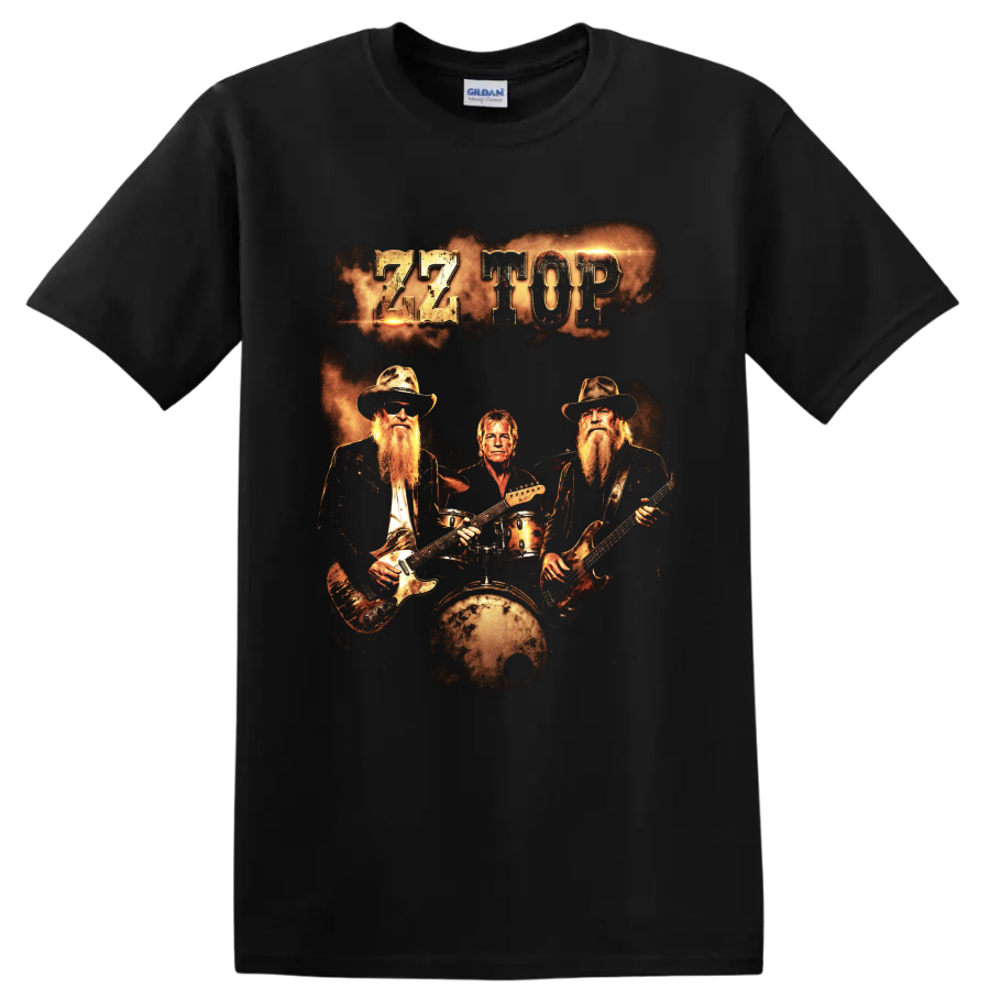 ZZ Top rock band graphic with guitars, drummer, and distressed gold lettering on a Black T Shirt