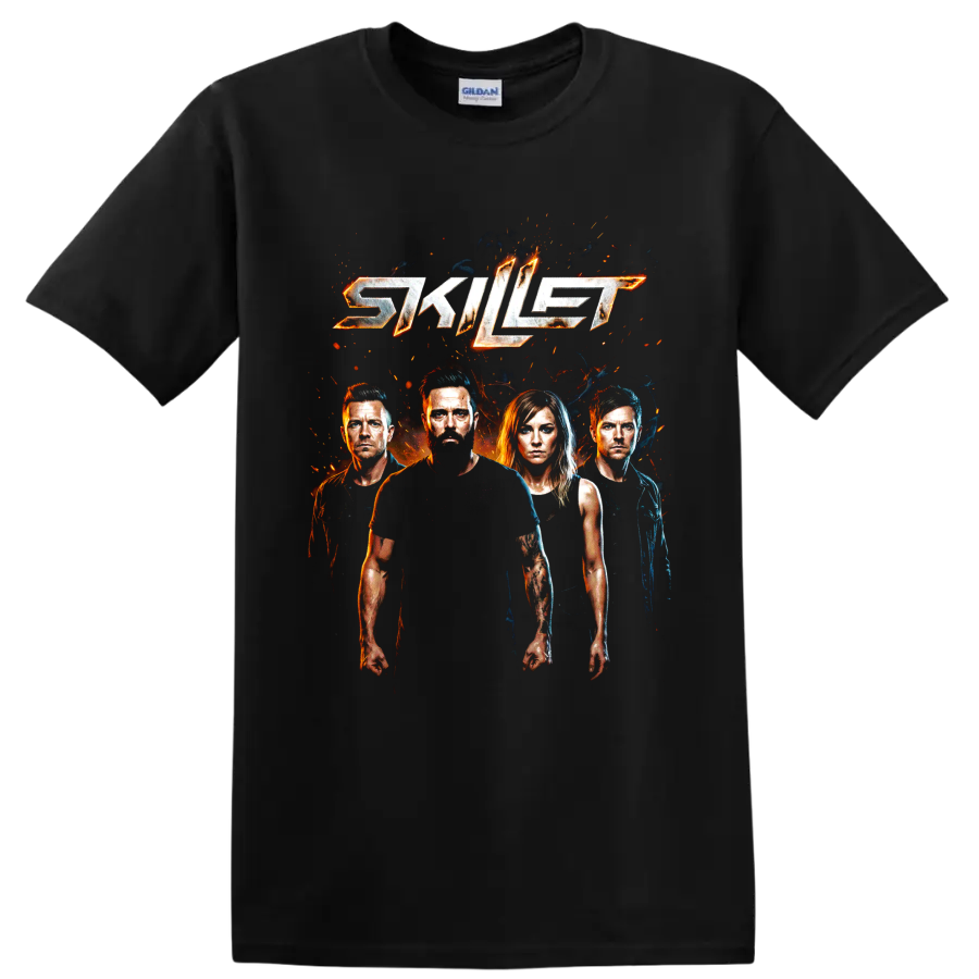 Skillet logo with four band portraits and fiery rock graphic on a Black T Shirt