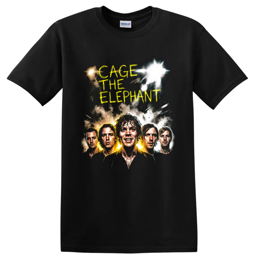 Cage the Elephant alternative rock band portrait graphic with yellow lettering on a Black T Shirt