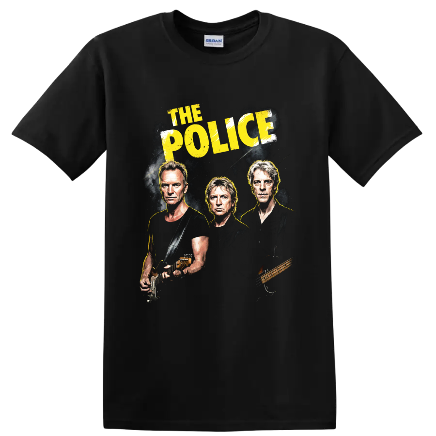 The Police rock band graphic with portraits, guitar, bass, and yellow text on a Black T Shirt