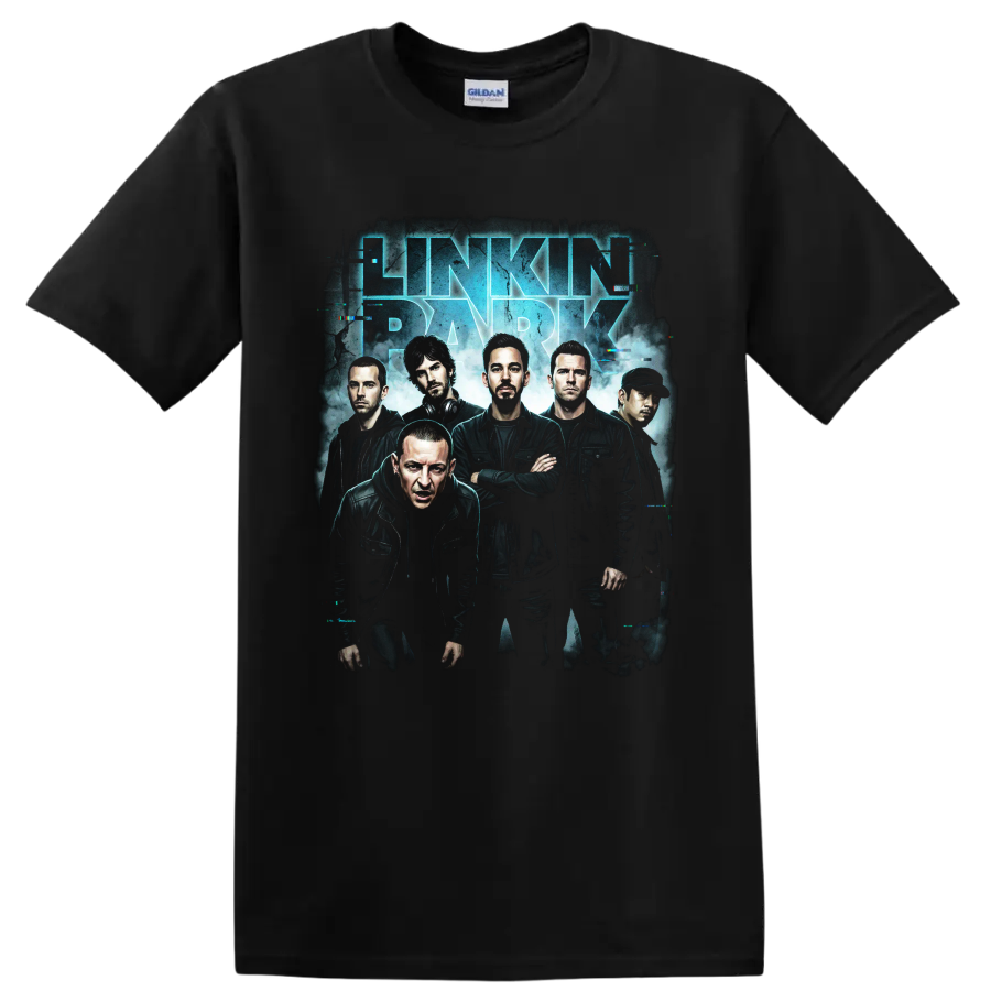 Linkin Park band poster with blue lettering and glitch effects on a Black T Shirt