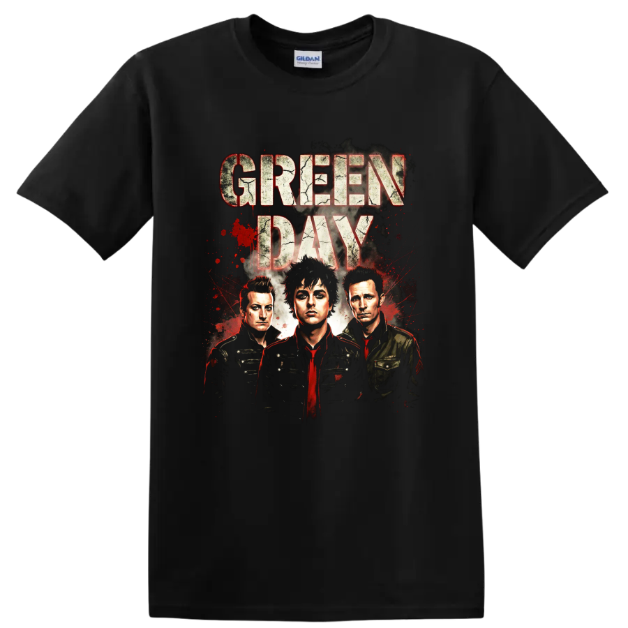 Green Day American Idiot era distressed band portrait graphic print on a Black T Shirt