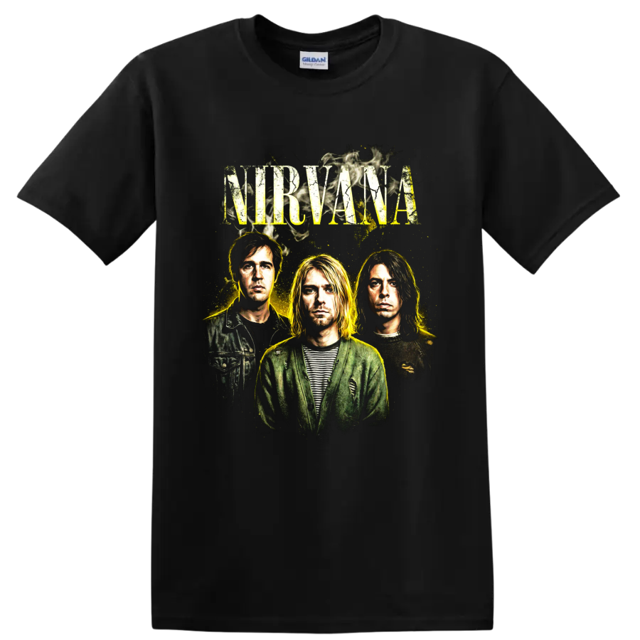 Kurt Cobain Nirvana distressed 1990s grunge band portrait on a Black T Shirt