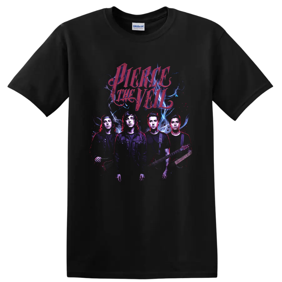 Pierce the Veil Misadventures-era rock band portrait graphic print on a Black T Shirt