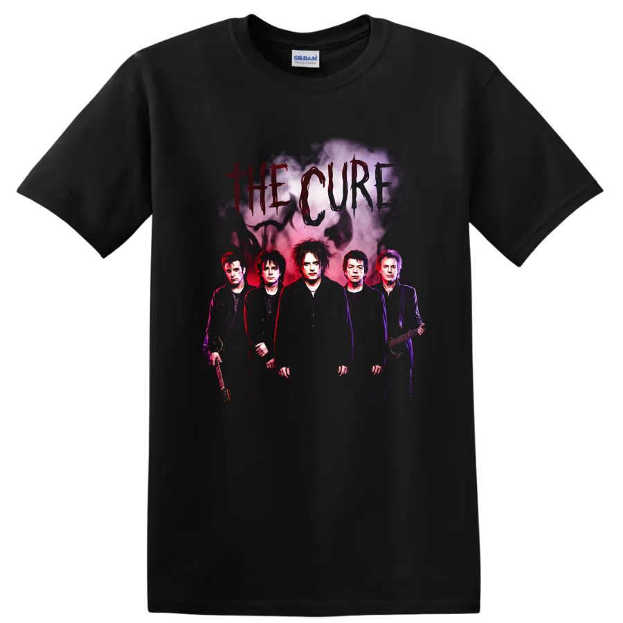 The Cure gothic rock band portrait with smoky cloud graphic on a Black T Shirt