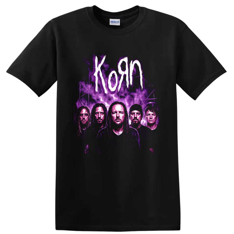 Korn band portrait graphic with purple smoke and distressed white lettering on a Black T Shirt