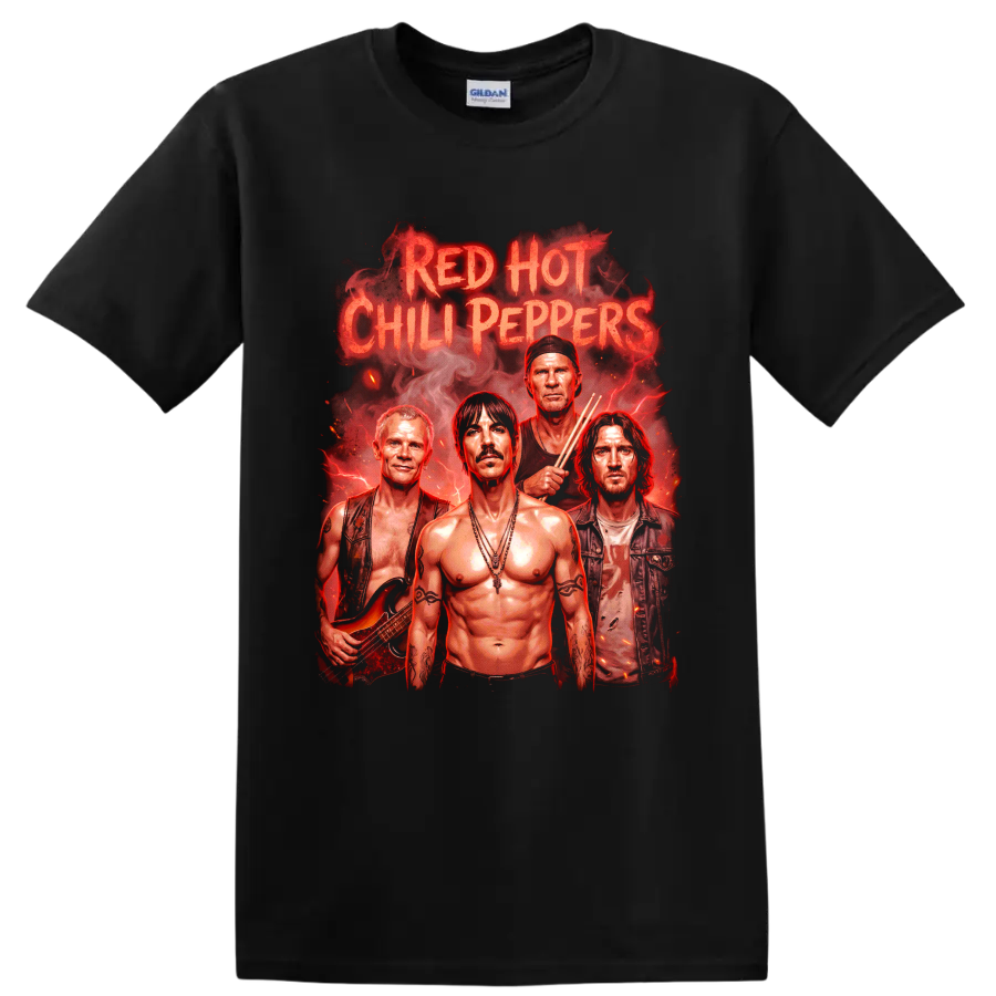 Red Hot Chili Peppers fiery rock band portrait graphic with bold lettering on a Black T Shirt