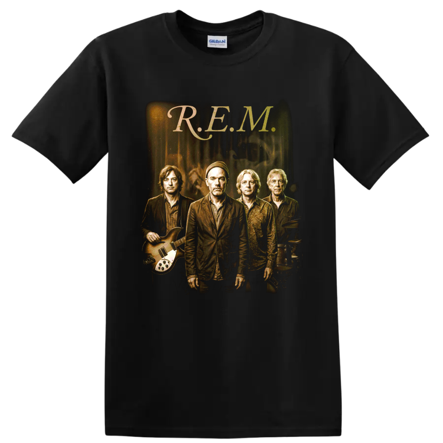 R.E.M. alternative rock band portrait with guitar and drums on a Black T Shirt
