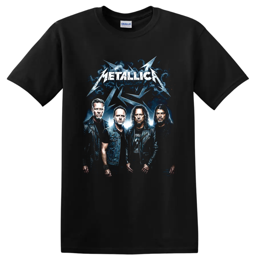 Metallica band portrait graphic with lightning and blue smoke on a Black T Shirt