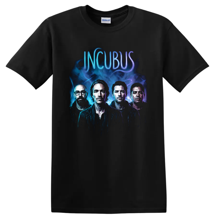 Incubus band portrait with blue smoke, purple light, and neon lettering on a Black T Shirt