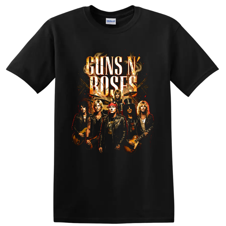 Guns N' Roses classic hard rock band graphic print with musicians and instruments on a Black T Shirt