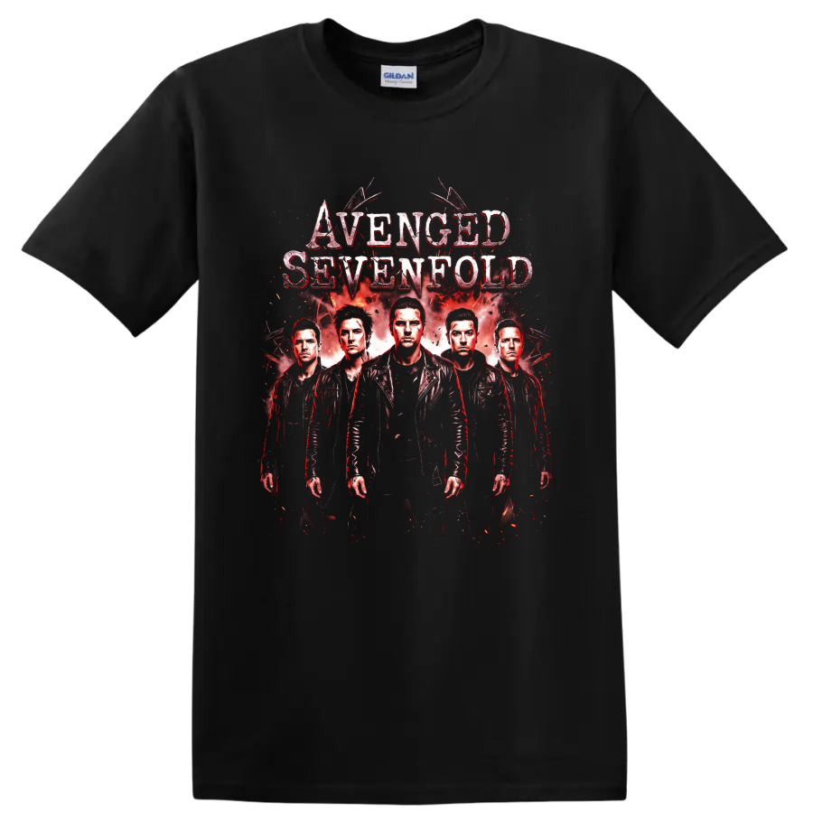 Avenged Sevenfold heavy metal band members red distressed graphic on a Black T Shirt