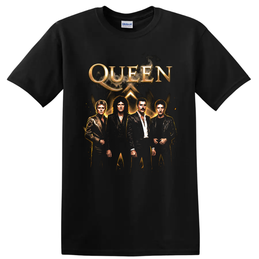Queen rock band graphic with gold lettering and four portrait figures on a Black T Shirt