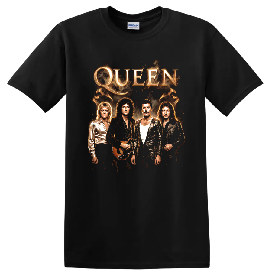 Freddie Mercury and Queen band portrait with gold QUEEN lettering on a Black T Shirt