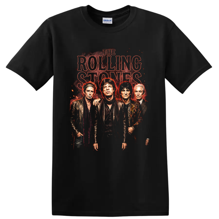 The Rolling Stones vintage rock band portrait graphic with distressed red lettering on a Black T Shirt