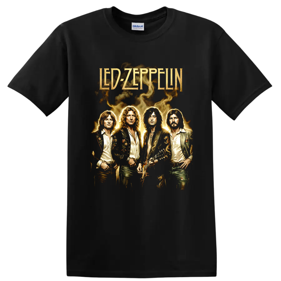 Led Zeppelin vintage band portrait artwork with gold lettering and guitar on a Black T Shirt