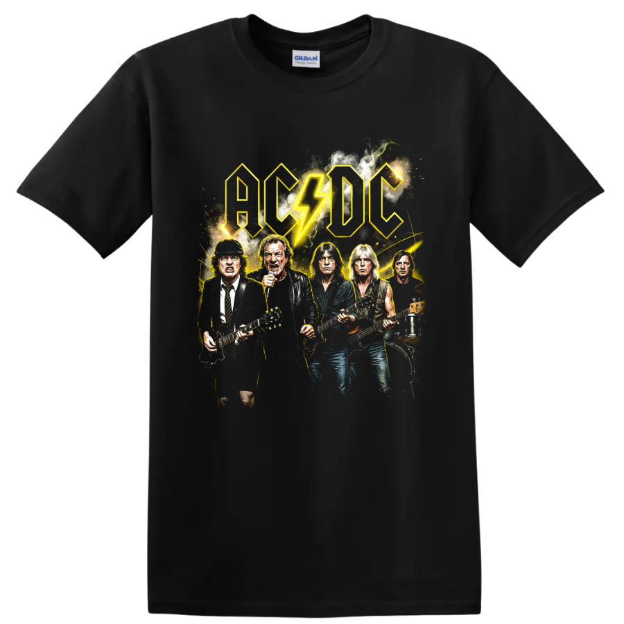 AC/DC hard rock band graphic with lightning bolt and musicians on a Black T Shirt