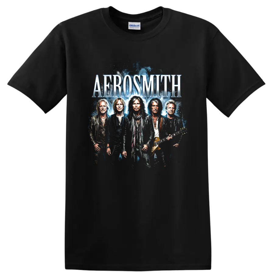 Aerosmith Steven Tyler and Joe Perry rock band portrait graphic print on a Black T Shirt