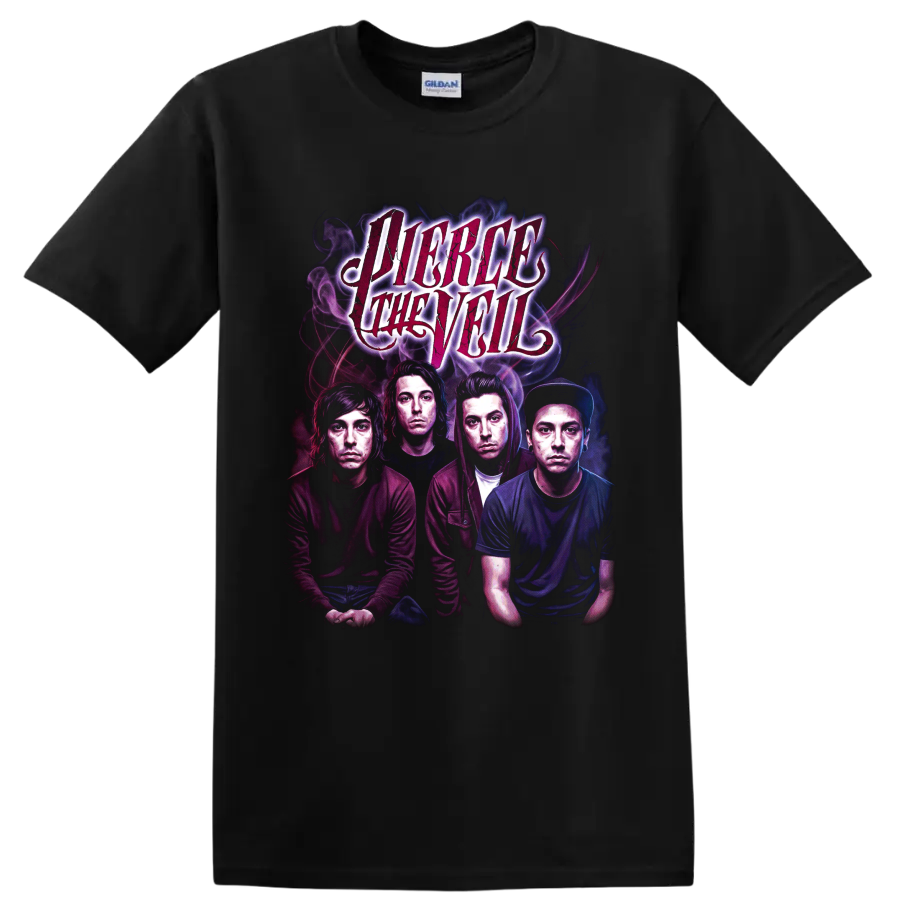 Pierce the Veil post-hardcore band portrait graphic with distressed lettering on a Black T Shirt