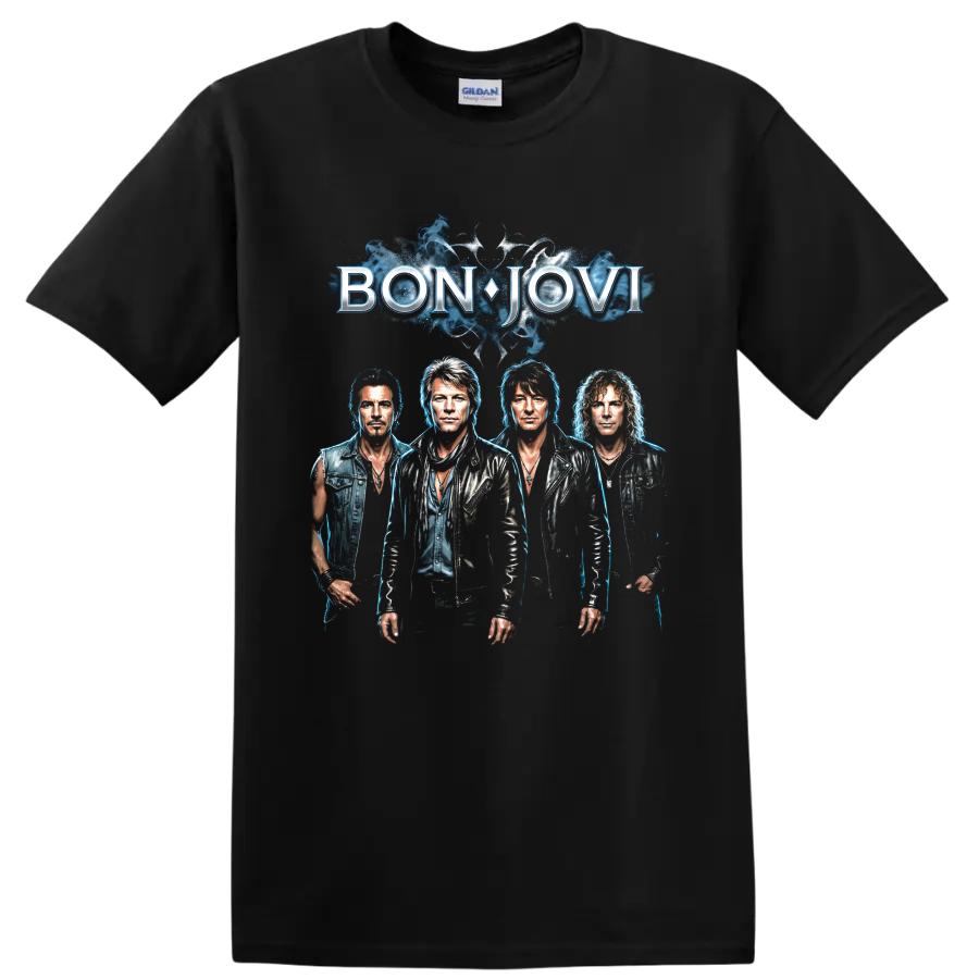 Bon Jovi band portrait graphic with blue smoke and bold logo on a Black T Shirt