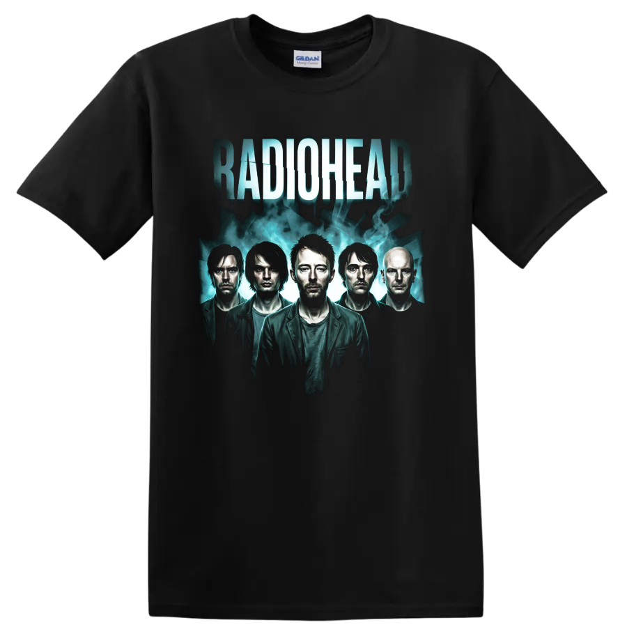 Radiohead alternative rock band portrait with distressed lettering on a Black T Shirt