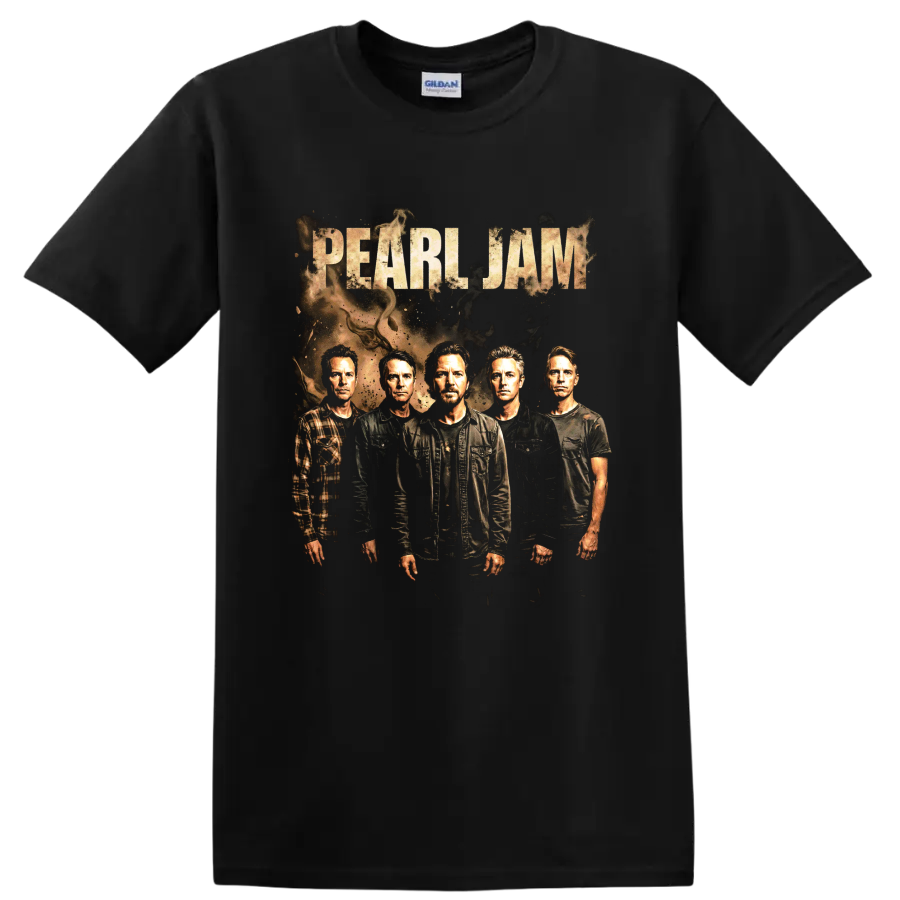Pearl Jam band portrait with distressed lettering and grunge textures on a Black T Shirt