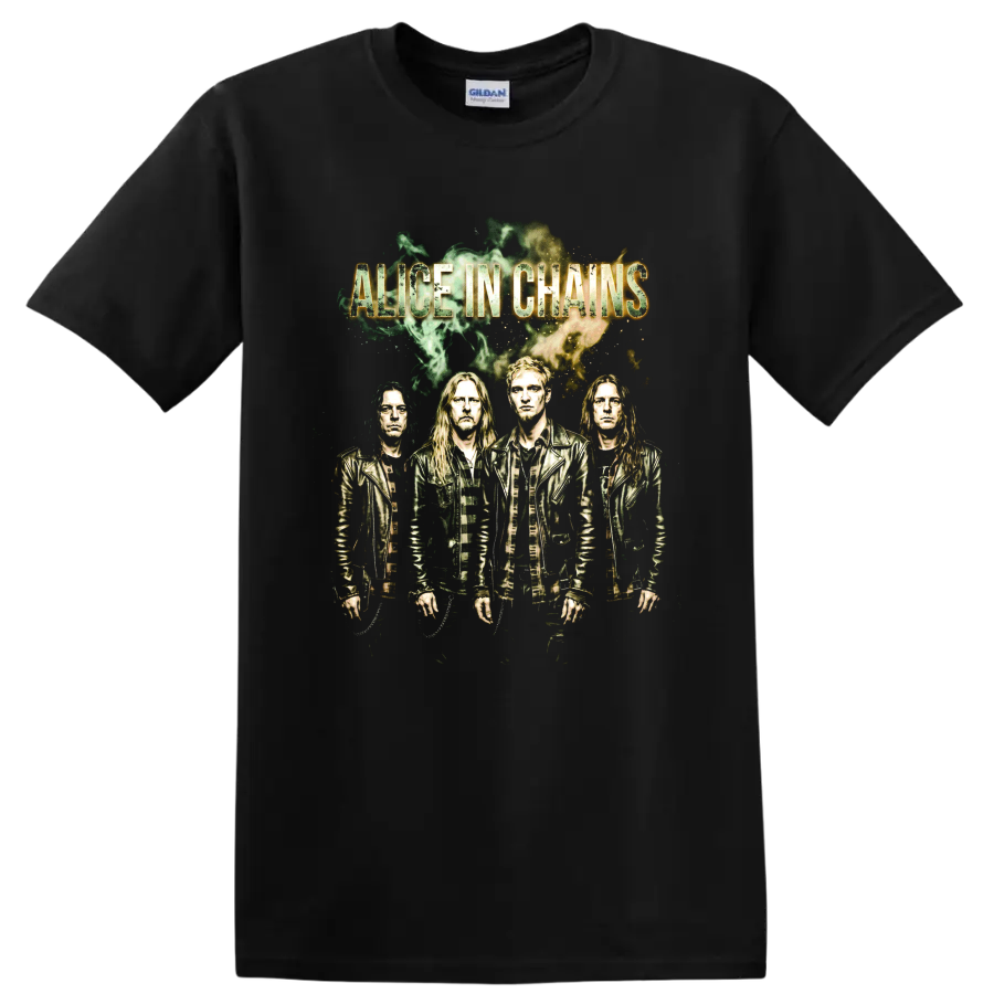 Alice in Chains grunge band poster graphic with four portraits on a Black T Shirt