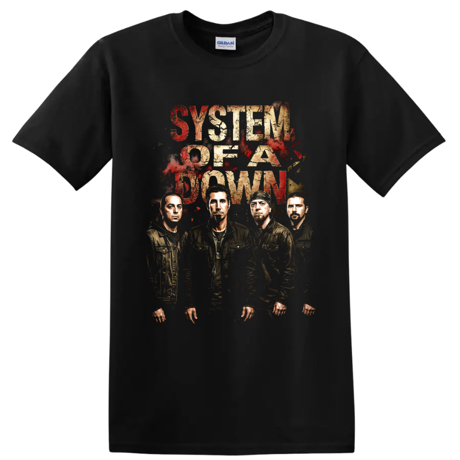 System of a Down distressed rock band portrait with bold lettering on a Black T Shirt